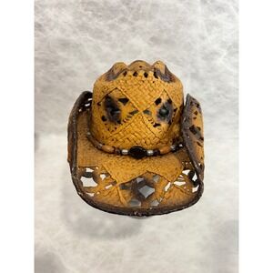 Som-Her Straw Cowboy Hat Brown Burnt Edge Beaded Western Boho Made in Mexico M